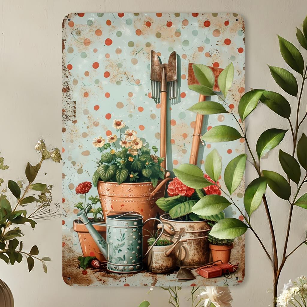 1pc Rustic Iron Metal Tin Sign, Vintage Gardening Tools and Plants Illustration, Indoor Outdoor Wall Art Decor for Home, Cafe, G