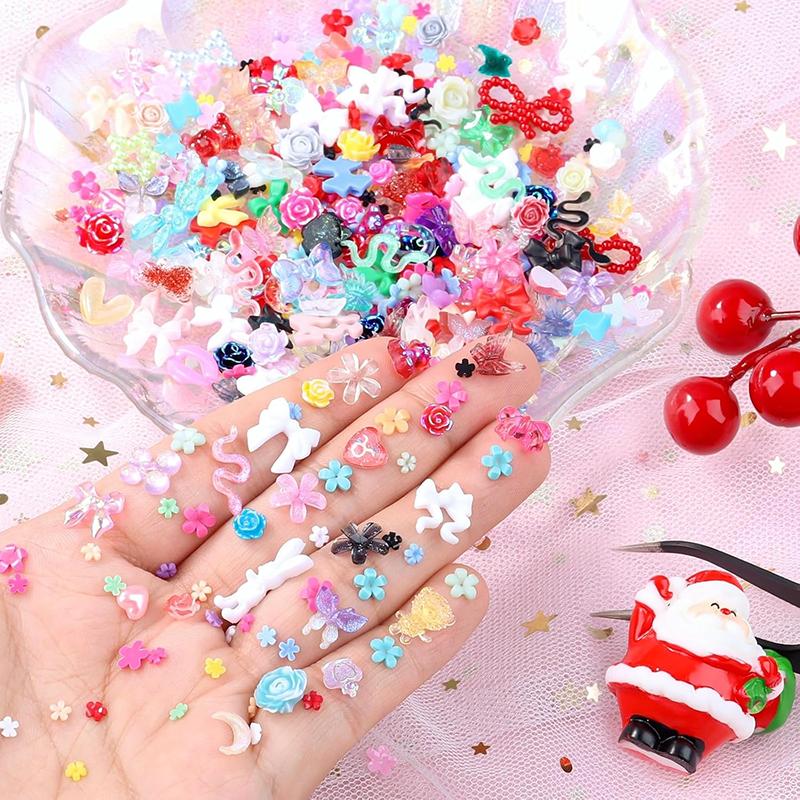 WTEMPO 200 Pieces 3D Mix Assorted Resin Nail Charms Hollow Pearl Heart Nail Art Charms Gems Gummy Bear Star Heart Flowers Acrylic Beads
