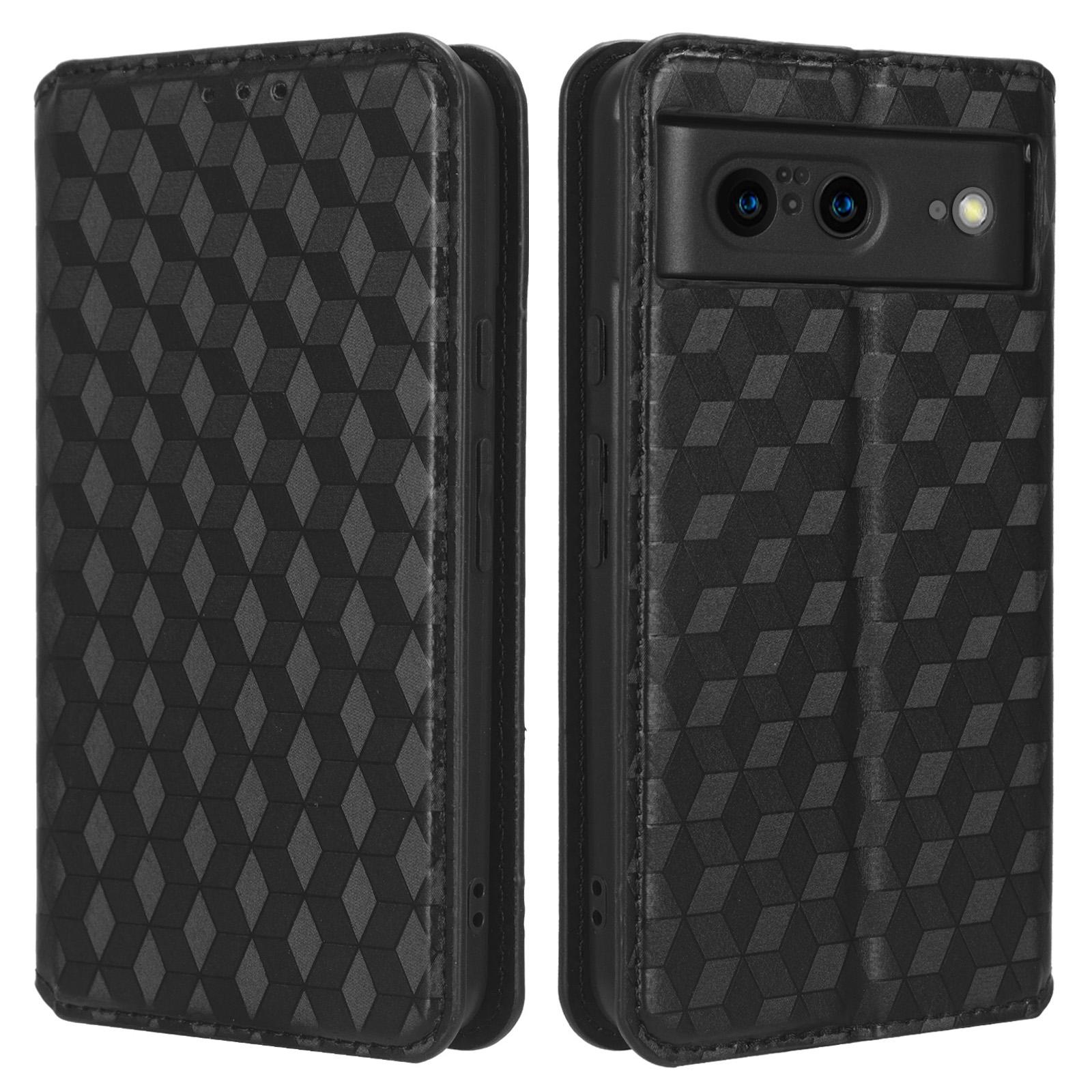 

For Google Pixel 8 PU Leather Rhombus Imprinted Phone Case Wallet Stand Secure Magnetic Cover Black
