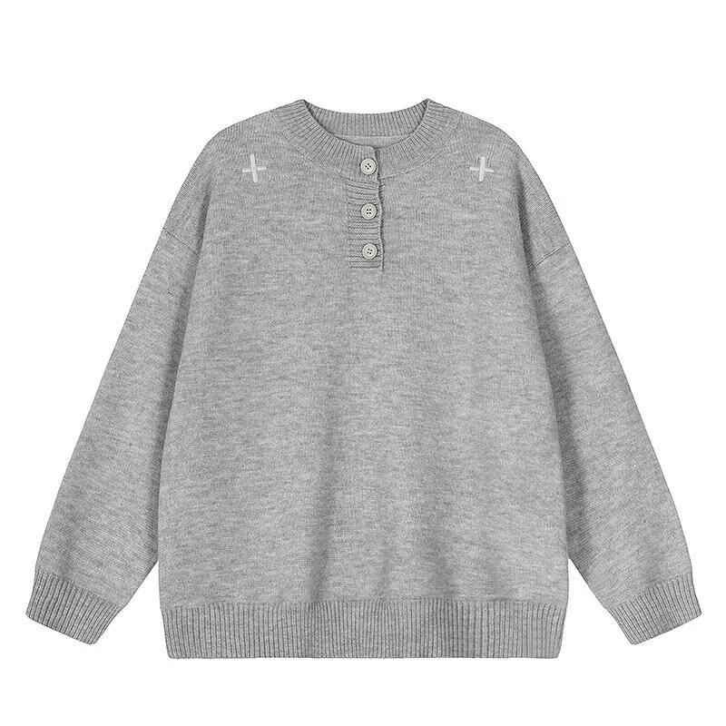 Men's Korean Style Grey Henley Knit Sweater, Long-Sleeve, Round Neck, Winter 2026 Edition