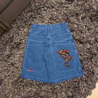 ZYLLO Hip Hop Retro Dżinsowe Szorty Y2k Niebieski Spłowiały Szeroka Nogawka Proste Spodnie Robocze Męskie Damskie Streetwear Jorts Ubrania