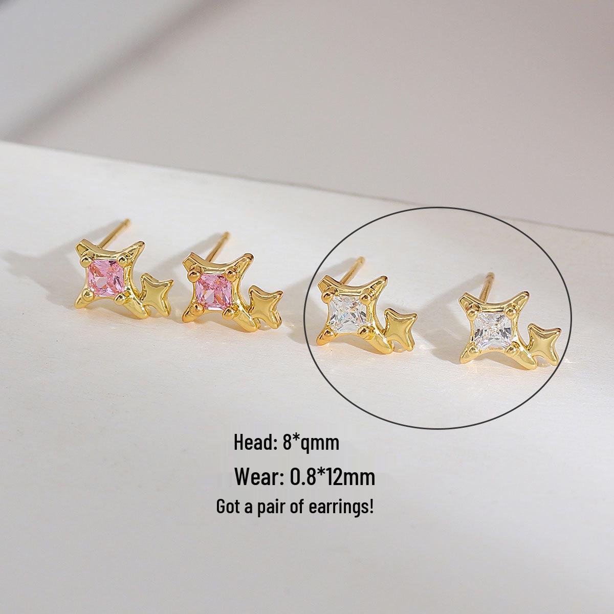 Gold-Plated 925 Silver Double Star Stud Earrings with Zirconia 14k Real Gold Plated