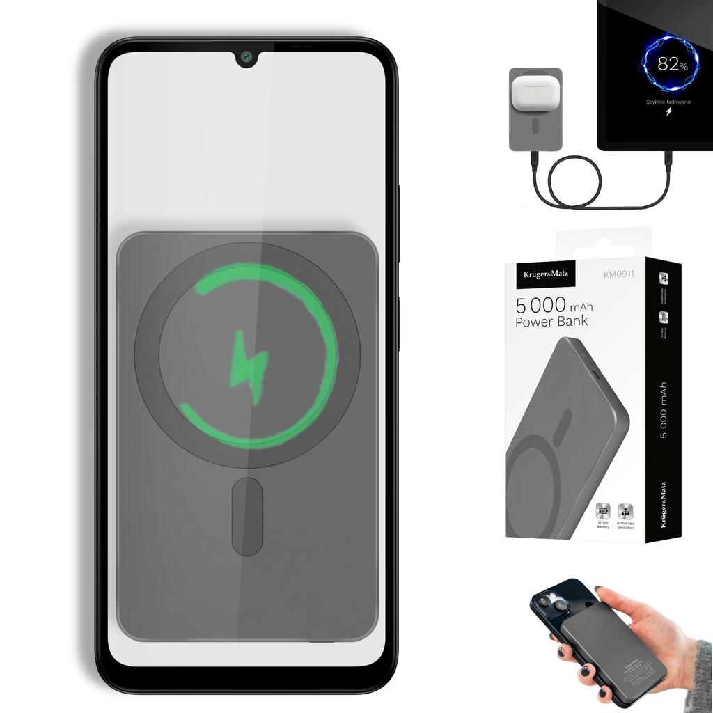 Kruger&Matz 5000 mAh Mag Safe inductive POWER BANK gray