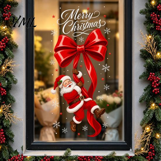 Festive Window Stickers Static Glass Sticker, Christmas Theme Bow Pattern Print, Removable Non Adhesive Film Electrostatic PVC for Home And