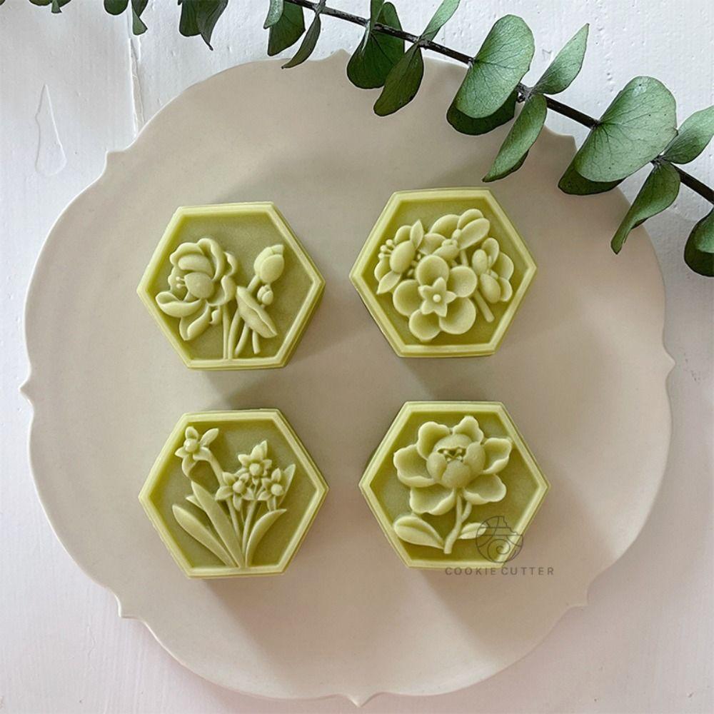 

Hand Press Flower Mooncake Mold Hexagon Embossed Stamp Hand Pressure Tool Moon Cake Mould Dessert