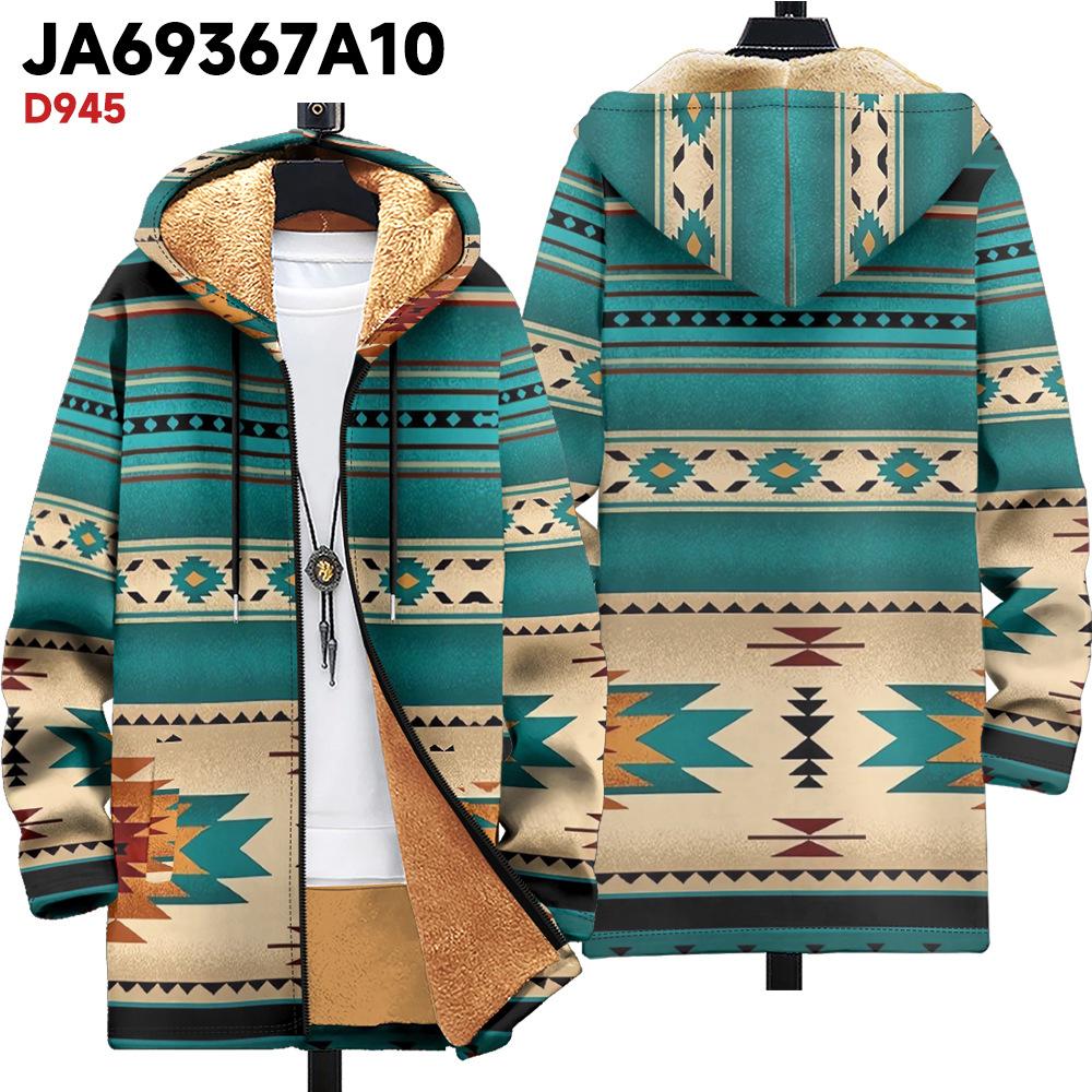 New Jacket: Multi-colored Pattern Elements, Zipper Hooded Cardigan, Thickened Winter Fleece Padded Clothes, Yellow Lining, Trendy Cotton Clothes