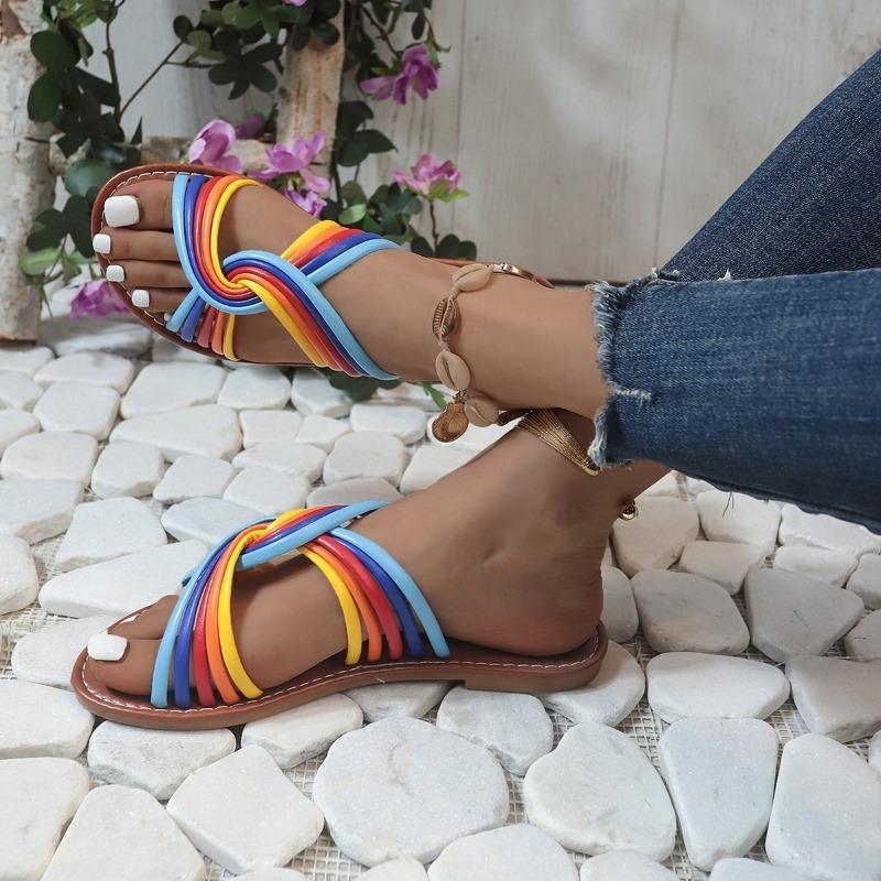 Large size flat-bottomed slippers, new color matching round head open-toed slippers, casual beach sandals