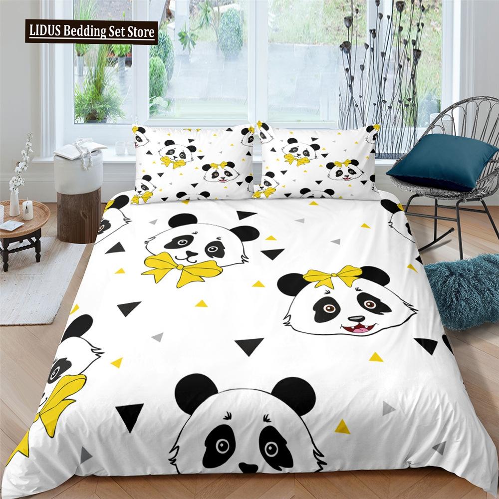 Panda Duvet Cover Set Cartoon Style Cute Kawaii Bear Drawing Comforter Cover For Kids Polyester Bedding Set King Queen Full Size