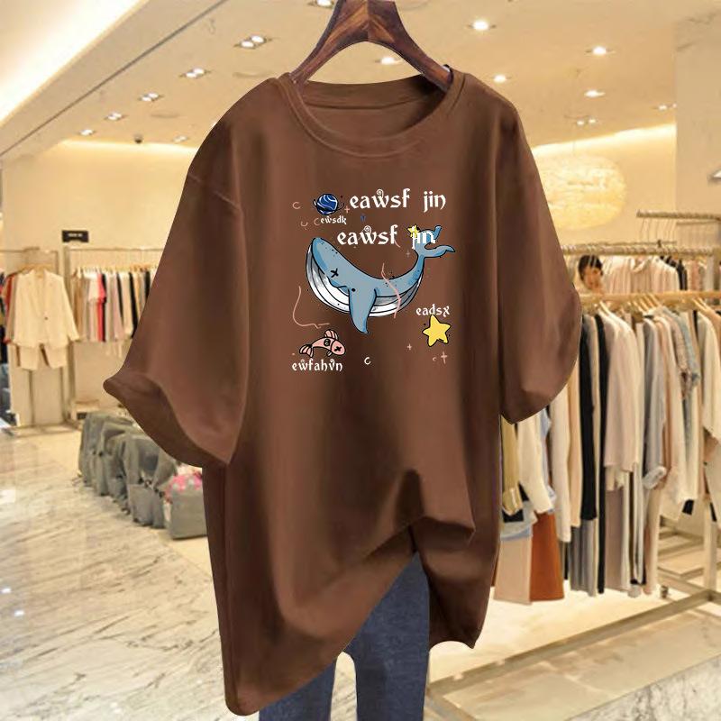 New whale print cotton casual short-sleeved loose top summer cartoon pattern t-shirt women