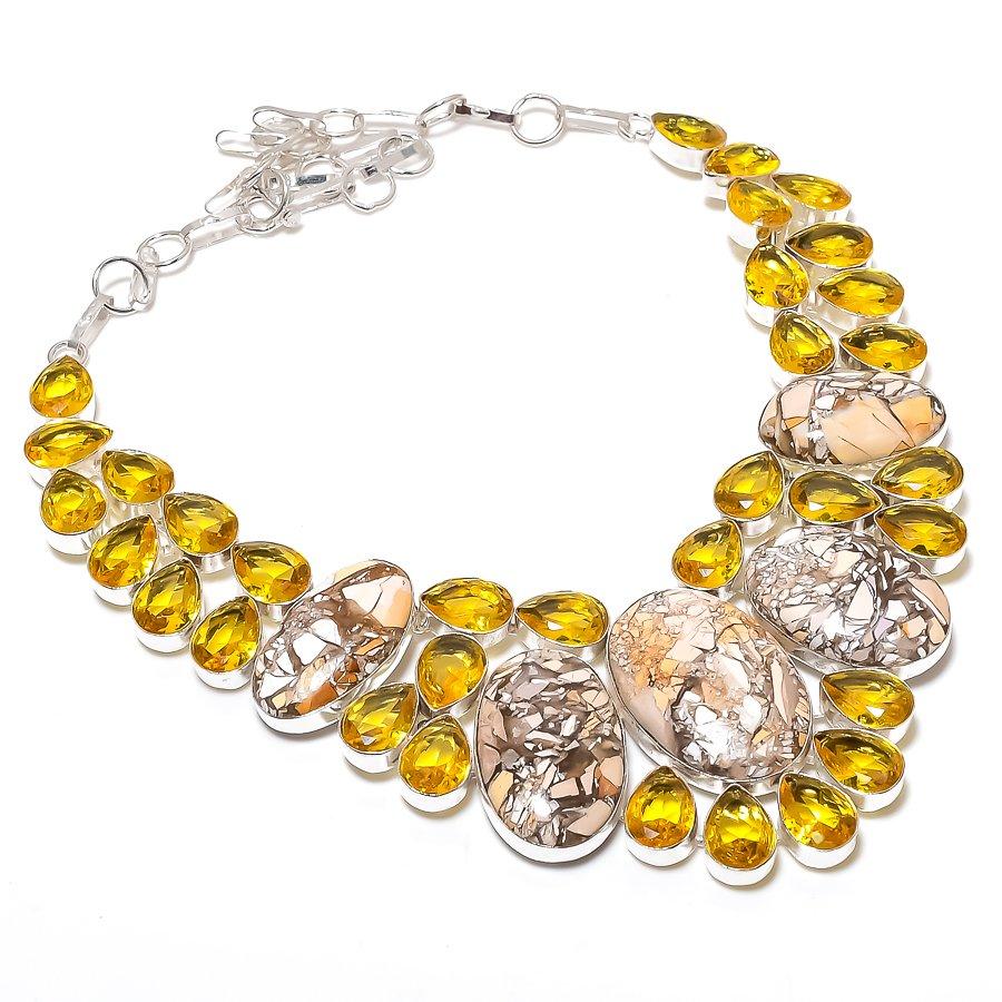 Brecciated Mookaite, Citrine Gemstone 925 Sterling Silver Necklace 18"