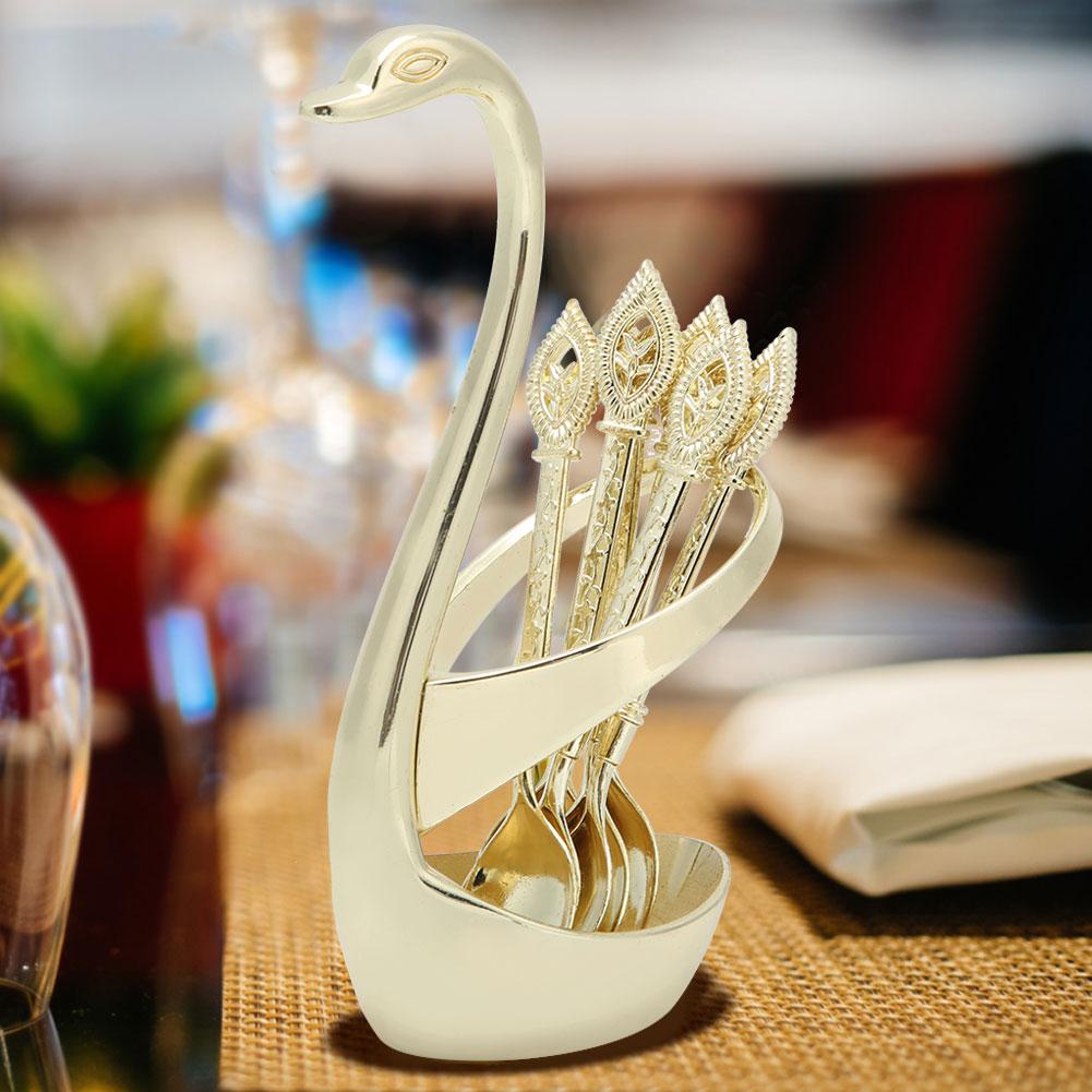 Fashion Elegant Coffee Dessert Spoon Cutlery Set with Swan Holder Household TablewareGold