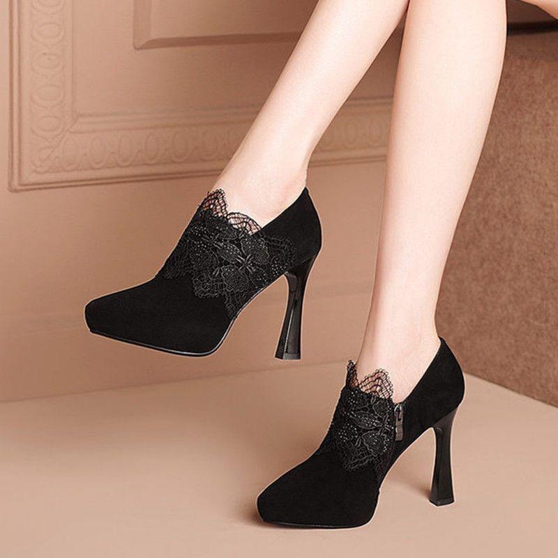 

Мода FHC 2024 Весна Новые Туфли из Нубука с Флоком и Кружевом на Высоком Каблуке, Женские Туфли на Платформе, Боковая Молния, Острый Носок, Черный, Размер 34-39, Дропшиппинг 34 чёрный