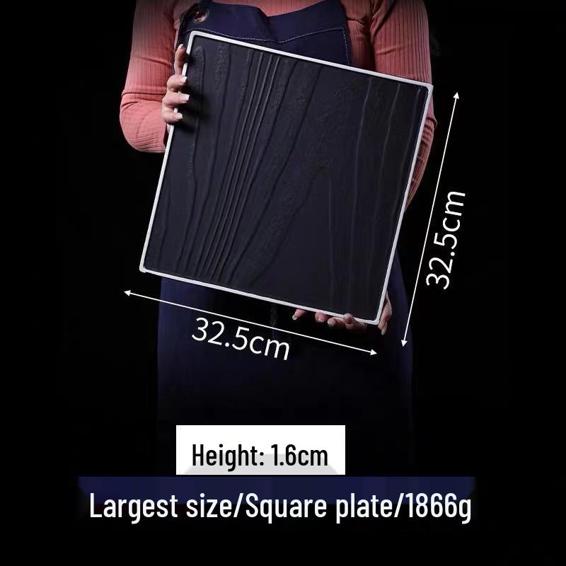 Matte Black Ceramic Wood Grain Plate for Steak, Barbecue, Snacks, and Desserts