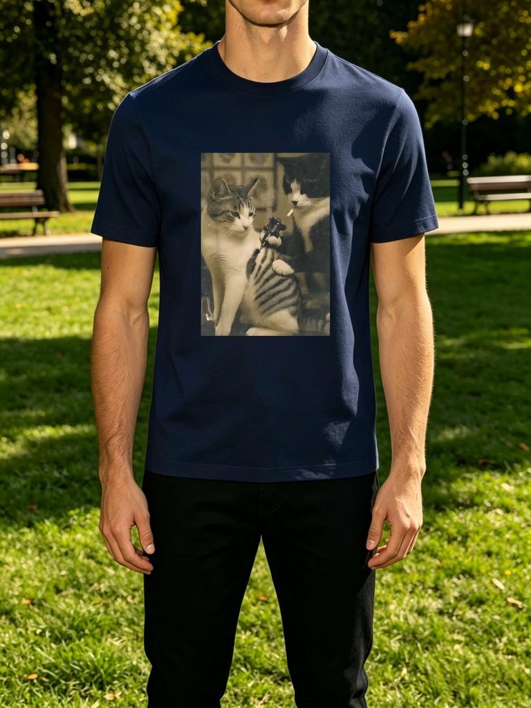 Unisexs Tee Retro Vintage Gangster Cats Gun And Cigarette Print Cotton Short Sleeve Male Streetwear Summer Daily Casual Outdoor Top