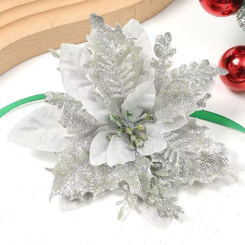 10PCS Christmas Flowers Glitter Artificial Poinsettia Floral Xmas Tree Ornaments DIY Garlands Home Wedding Party Decor