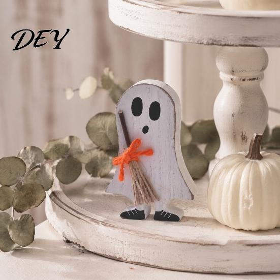 Miniature Halloween Room Decor Wooden Table Sign, Cute Ghost Witch Hat Bat Freestanding Tiered Wood Farmhouse Tray Ornament, Rustic Tabletop