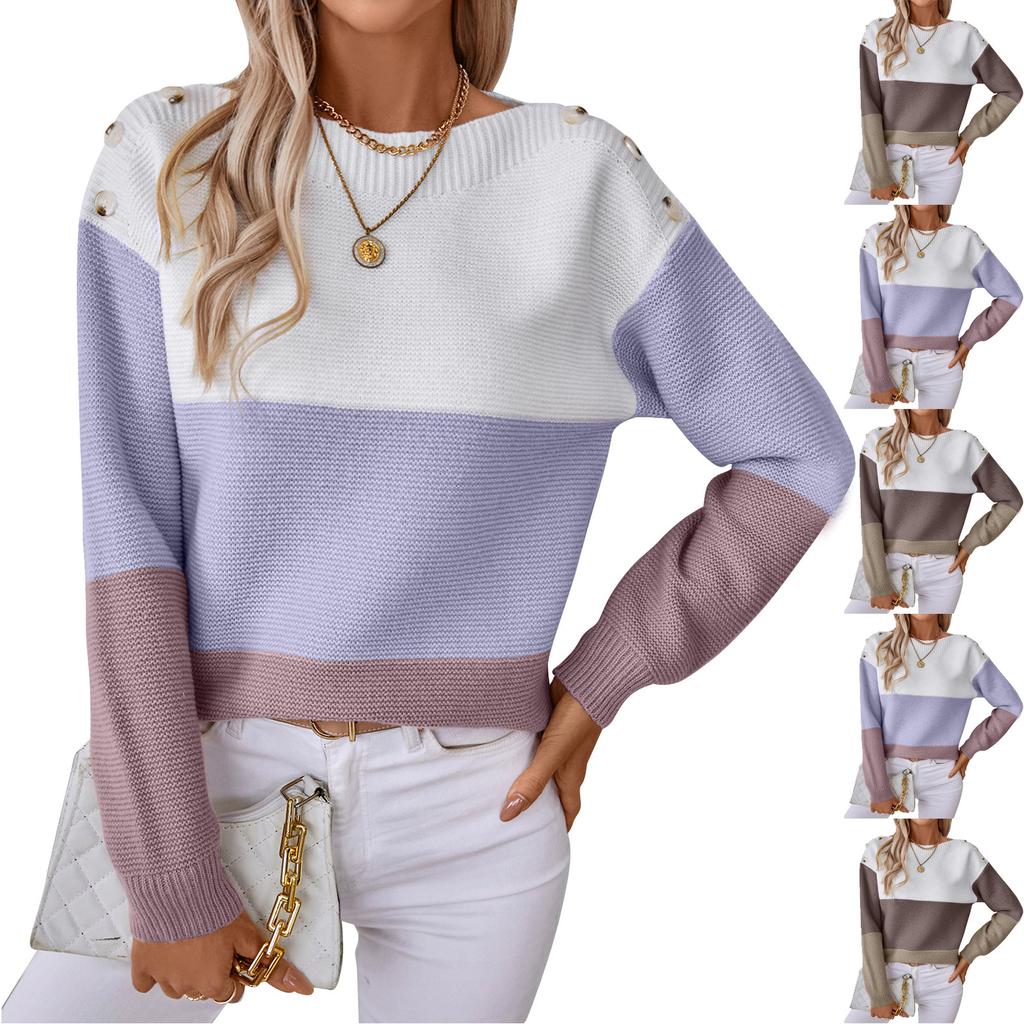 Women's Fashion Casual One-shoulder Button Pullover Knit Cardigan Contrast Color Pullover Long Sleeve Loose Sweater