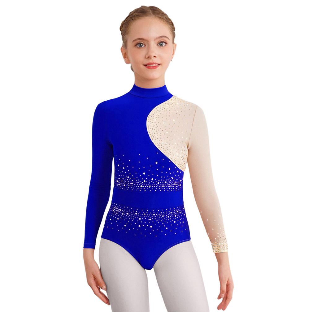 Flickor Gymnastik Dansuppvisning Dräkt Mock Turtleneck Långärmad Glittriga Strass Färgblock Bodysuit
