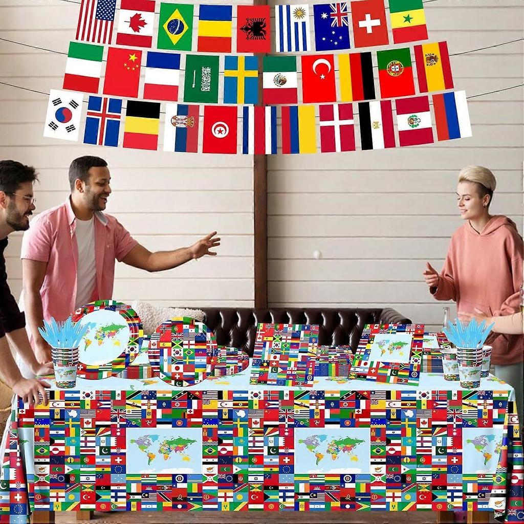 International World Flags Tableware Set, International Flags Decorations Plates and Napkins, Cups,Banner,Flags Tablecloth for Travel Trip Around the G