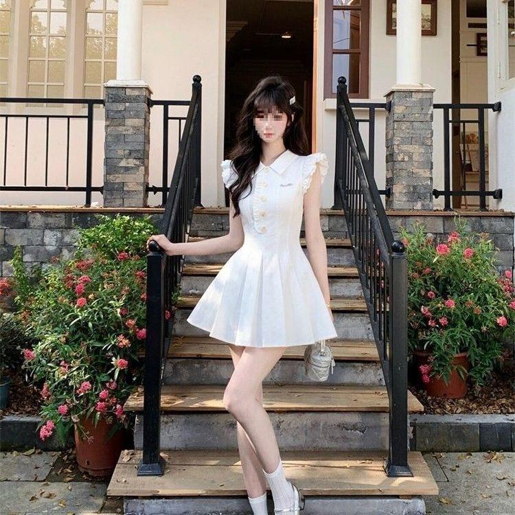 French white moonlight small flying sleeve dress women s summer new small college style waist pleated short skirt s [ 47.5kg or less]