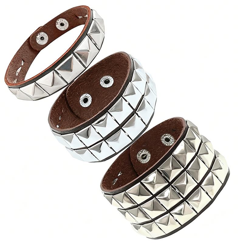 Black Leather Goth Square Washer Rivet Bracelet Cuff Wristband Punk Stainless Steel Bracelets for Armbands Men Women Party Gift