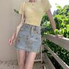 High Waist Elastic Flower Print Retro Denim Skirt Summer Spice Girl Hip Wrap Denim Skirt