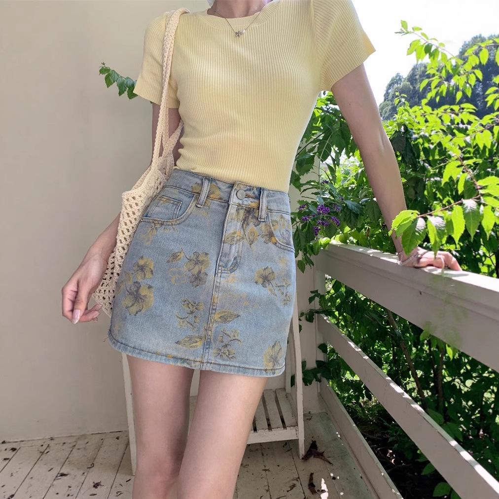 High Waist Elastic Flower Print Retro Denim Skirt Summer Spice Girl Hip Wrap Denim Skirt