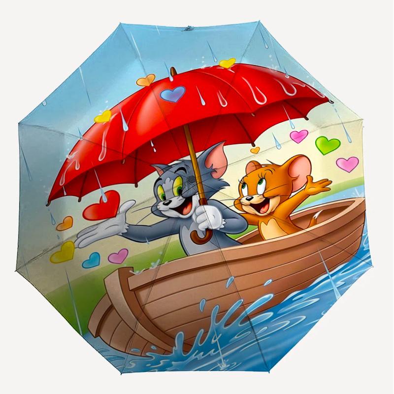 1pc Tom and Jerry Automatic Open/Close Umbrella Compact Folding Umbrella with 8-Rib Shaft Lightweight Esign, for Women/Men1152A