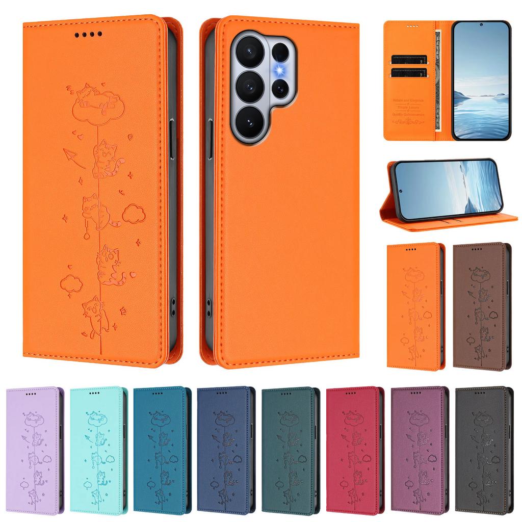 Strong Magnetic Cute Cat Cards Solt Wallet Leather Phone Case For Samsung S26 Ultra Edge S25 Plus S24 FE A56 Kickstand Cover