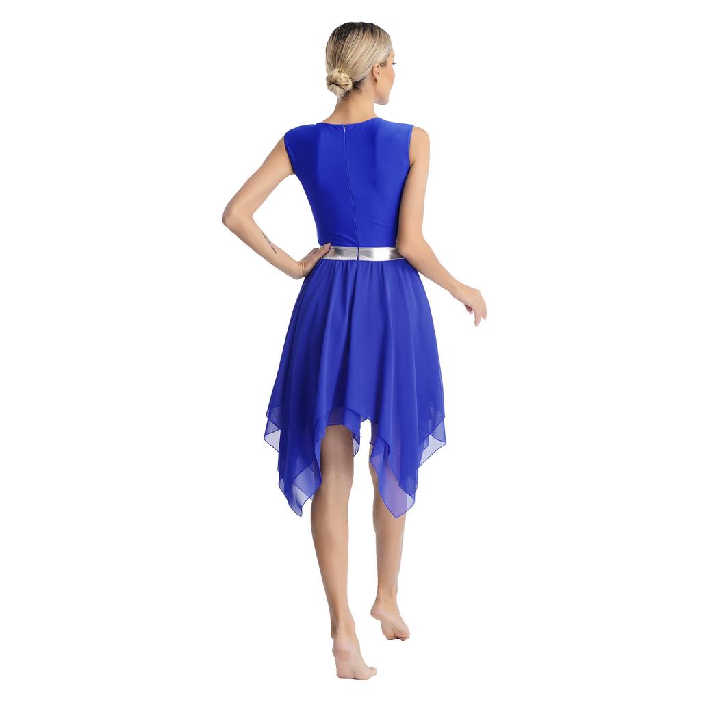 Womens Liturgical Dance Dress Metallic Shiny Cross Sequins Sleeveless Color Block Patchwork Irregular Hem Performance Gown