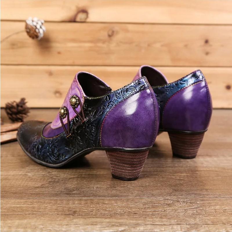 Johnature Genuine Leather Ethnic Style Pumps Women Shoes Round Toe Fashion Handmade Med Heels Ladies Shoes