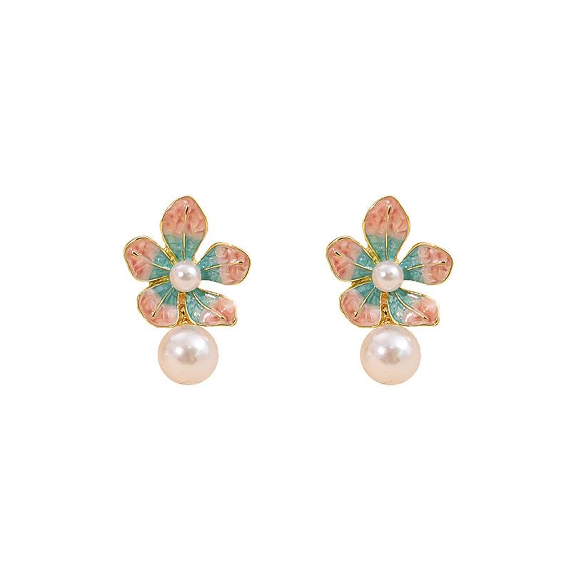 Pink Green Flower Dangle Earrings Imitation Pearl Ball Pendants Lovely Cute Plant Element Enamel Colorful Hanging Earrings