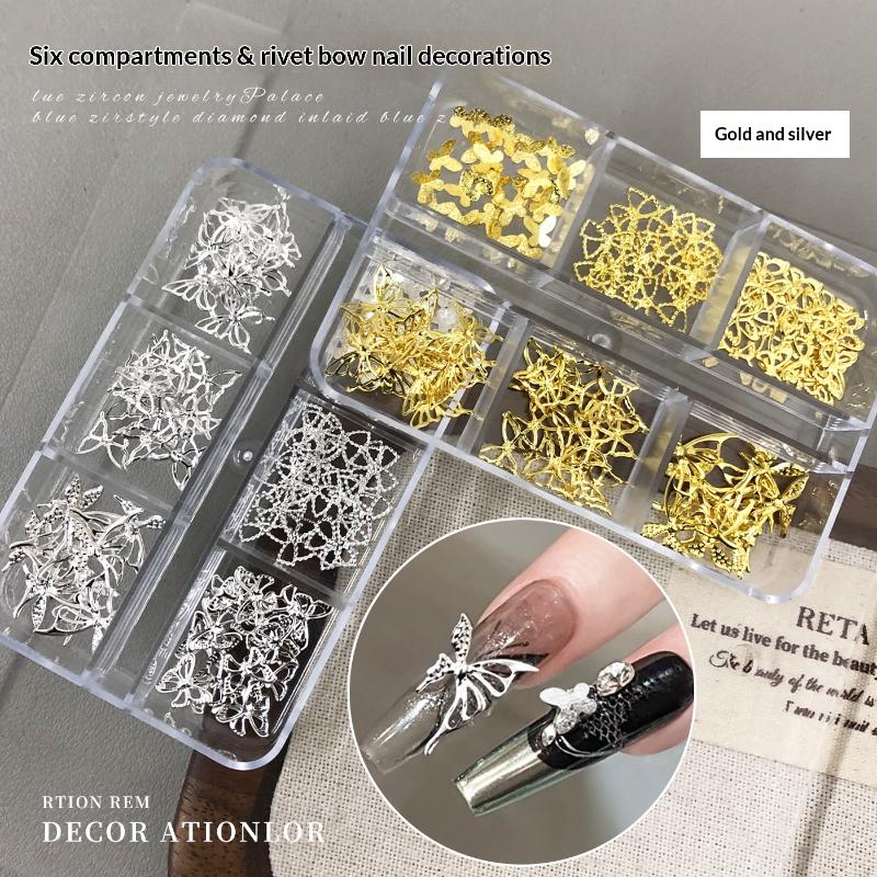 6 Siatek Metalowy Kok Hollow Out Urok do Zdobienia Paznokci Złoty Srebrny 3D Nit do Paznokci Części Dekoracyjne do Paznokci Akcesoria do Manicure DIY