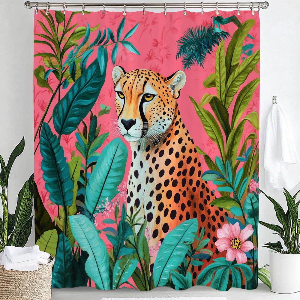 Tropical Plants, Flowers and Pink Leopards Print Waterproof Shower Curtain Hanging Curtain 12 Hooks Decoration Machine Washable