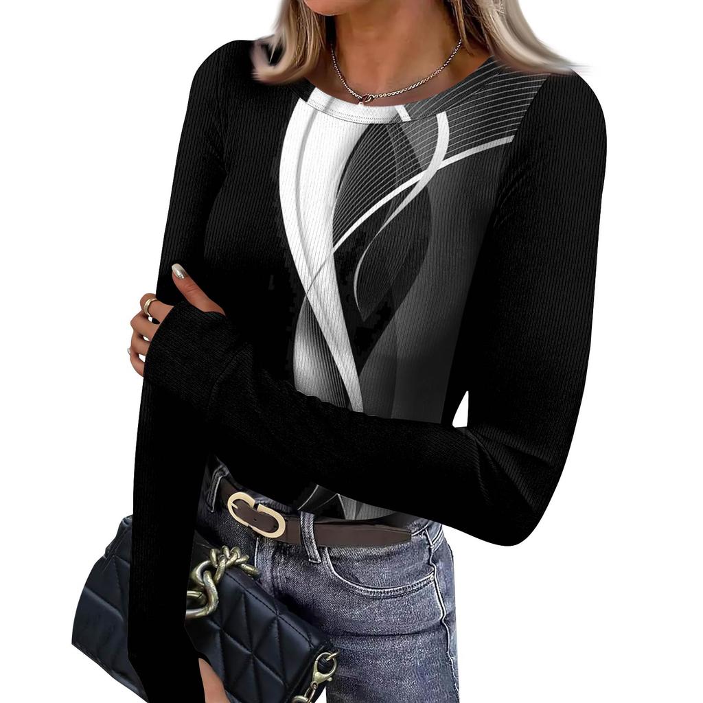 Dámské A Zimní Slim Spodní Tričko Módní Ležérní Gradientní Potisk Kulatý Výstřih Pulovr Dlouhý Rukáv Top