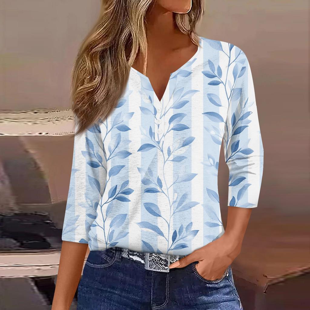 Damen T-Shirt mit Aufdruck, Knopfleiste, 3/4-Ärmel, modisch für den Alltag und das Wochenende, Basic, V-Ausschnitt, normales Oberteil
