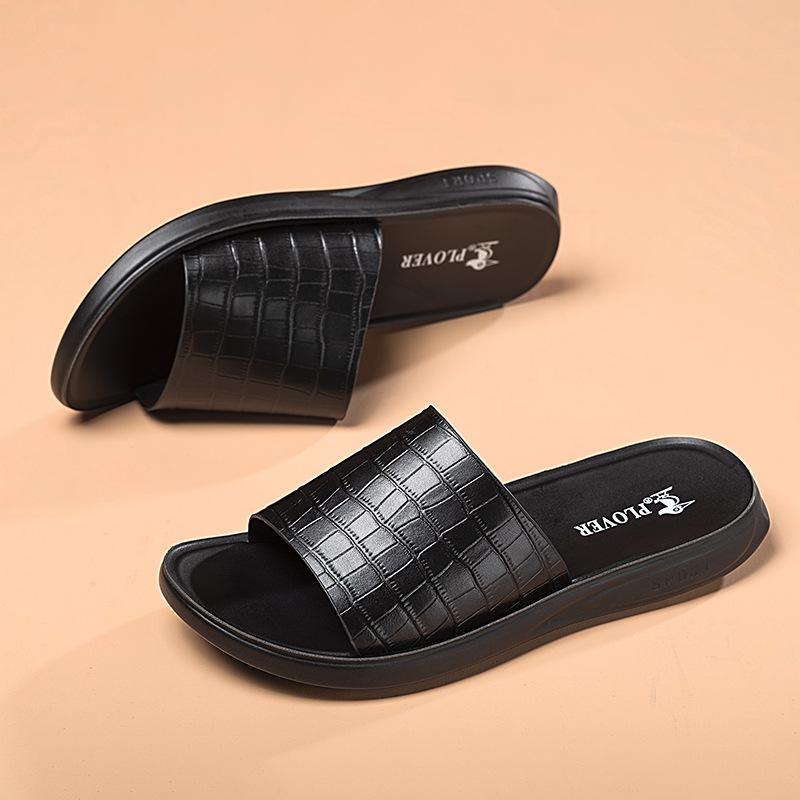 Sommer Neue Schuhe für Herren Echtleder Slipper Steinmuster Lässige Sandalen Bequeme Pantoletten Coole Strandschuhe