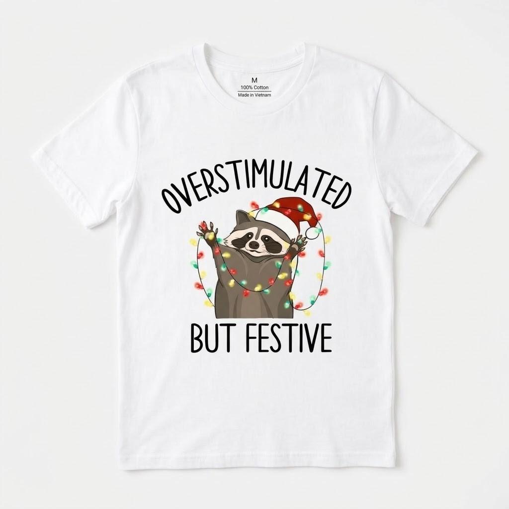 Funny Christmas Raccoon T-Shirt Overstimulated But Festive Holiday Graphic Tee Unisex T-Shirt S