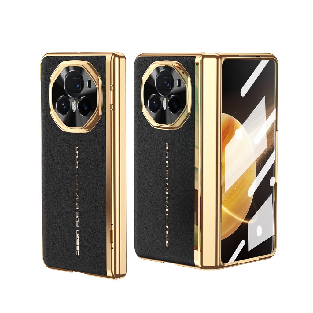 Luxe Leer Verguld Frame Scharnierende Gehard Glas Beschermfolie Hoesje voor Honor Magic V6 V 5 Magic V3 All-inclusive Cover
