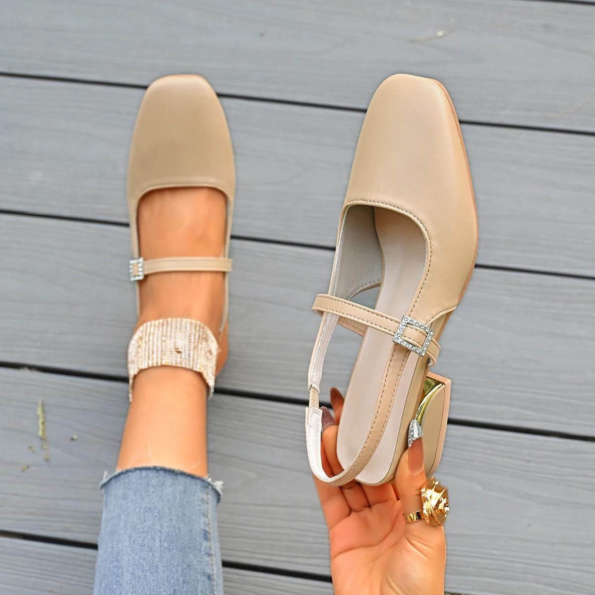 

Модные женские сандалии на толстом каблуке без каблука для повседневной носки Новые летние рабочие сандалии с квадратным носком и пряжкой Туфли на высоком каблуке для женщин 36 хаки