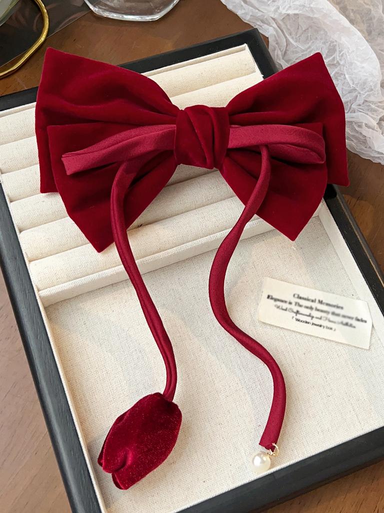 1 Stück rote Haarspange mit Perlenquaste und Schleife für Damen, Haarspange mit langem Band, Blumenhaarschmuck für Mädchen