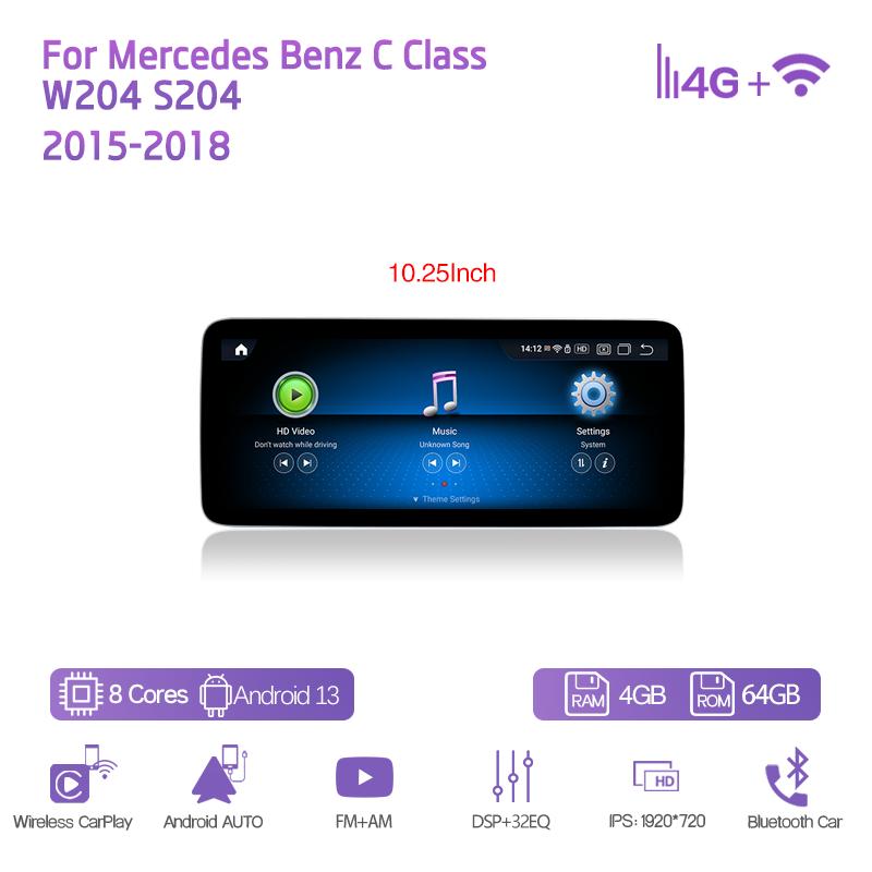 10.25/12.3" Android13 For Mercedes Benz C Class W204 S204 2015-2018 GPS Navigation CarPlay 4G 360Camera Car Multimedia Player