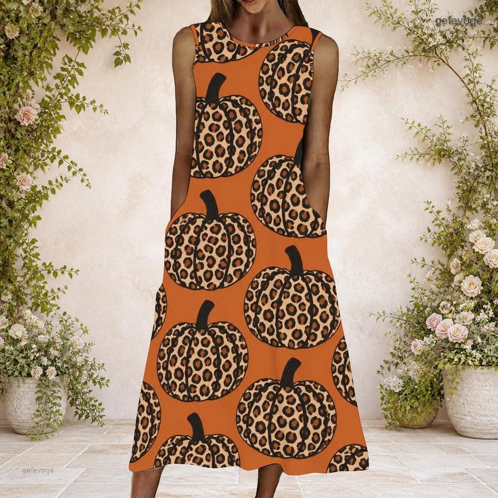 Women Plus Size Round Neck Sleeveless Leopard Pumpkin Printed Orange A Line Dress With Side Pockets