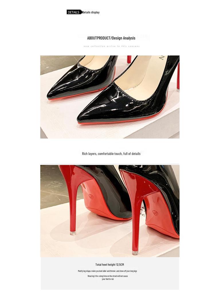 Velikost 36-43 Nadměrná velikost Dámské černé lodičky s červenou podrážkou a špičatou špičkou - Jaro 2024 Sexy jehlové boty