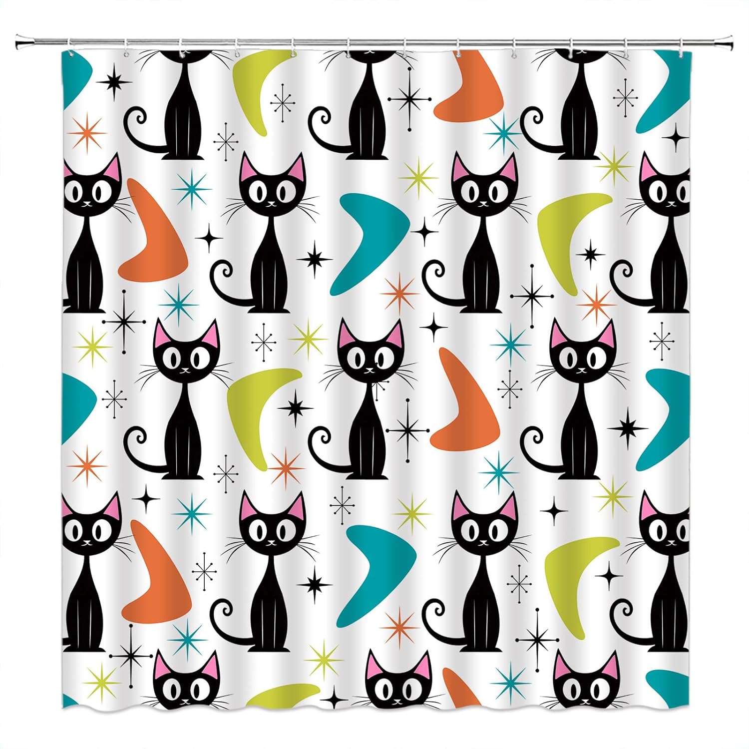 

Mid Century Atomic Cat Shower Curtain Modern Abstract Geometric Atomic Black Cat Vintage 50S 60S Retro Colorful Fabric Bathroom W60H190(CM)-1 Pcs