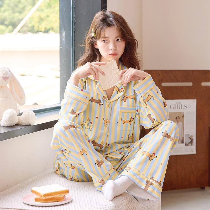 

Новый женский милый комплект пижамы с длинным рукавом 2025 – Весенне-осенний комплект-двойка: кардиган и брюки XL