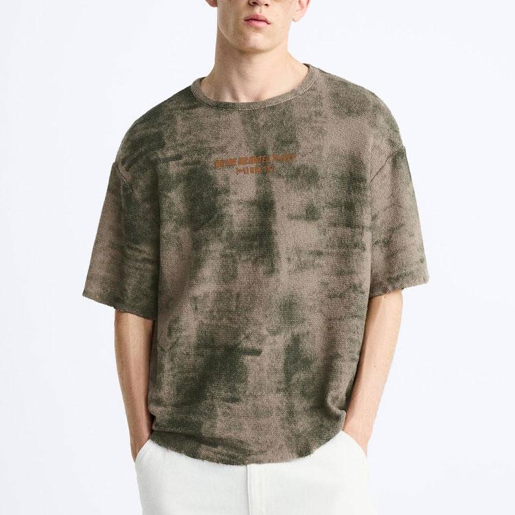 Zara Casual Printed Round Neck Short Sleeve T-Shirt Men Tops Brown 4090400-707