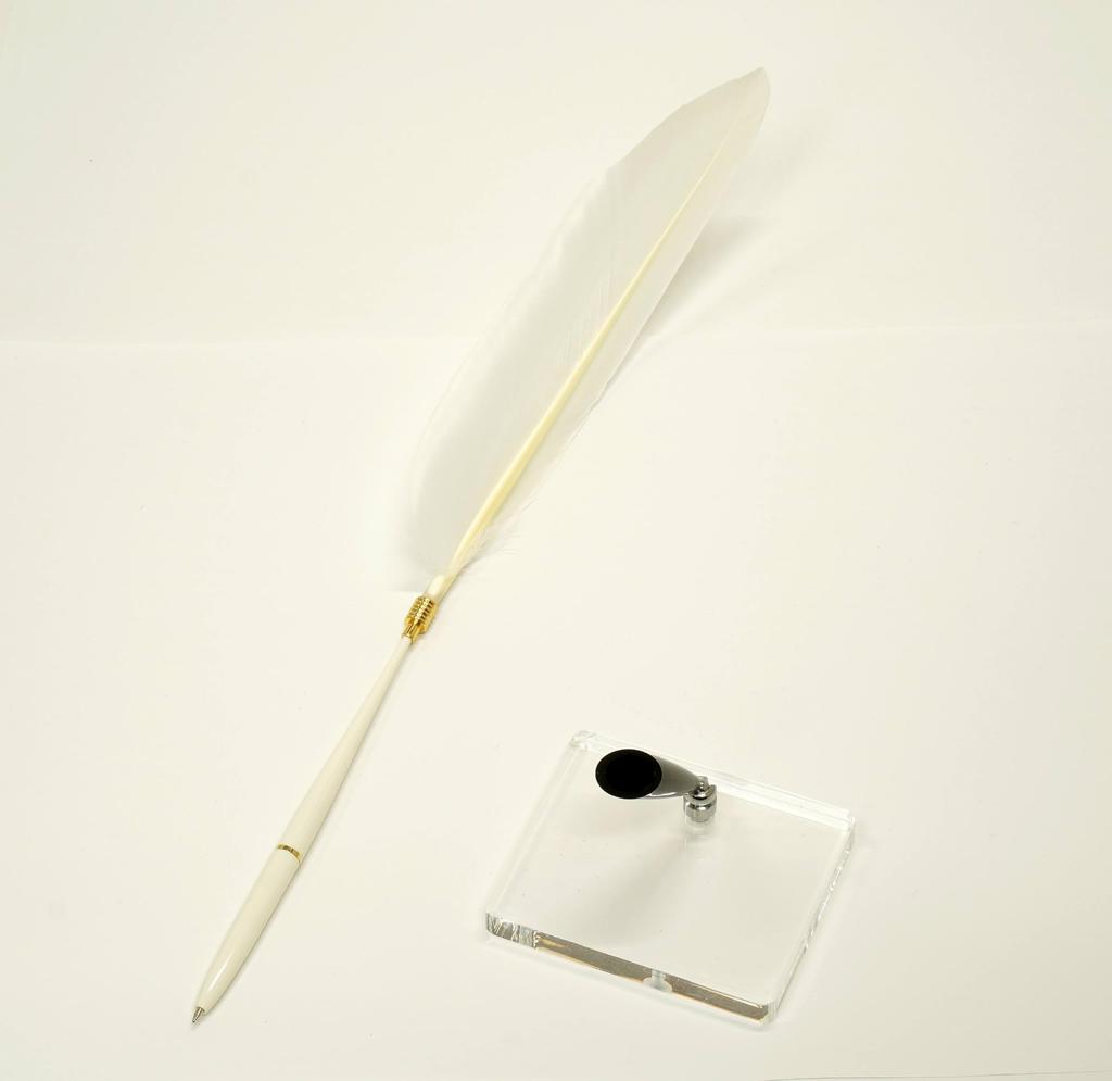 2 Set Pack Japanese Processed Goose Feather Plastic Shaft Banker Pen Transparent Acrylic Pen Stand with Black Pen Holder White Feather + Q-S5P1WG-2-W