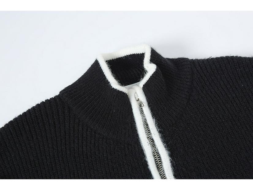 Unisex Herbst/Winter Steinfarbener Reißverschluss-Strickjacke: Stehkragen, Abzeichen-Detail, Colorblock-Strickpullover