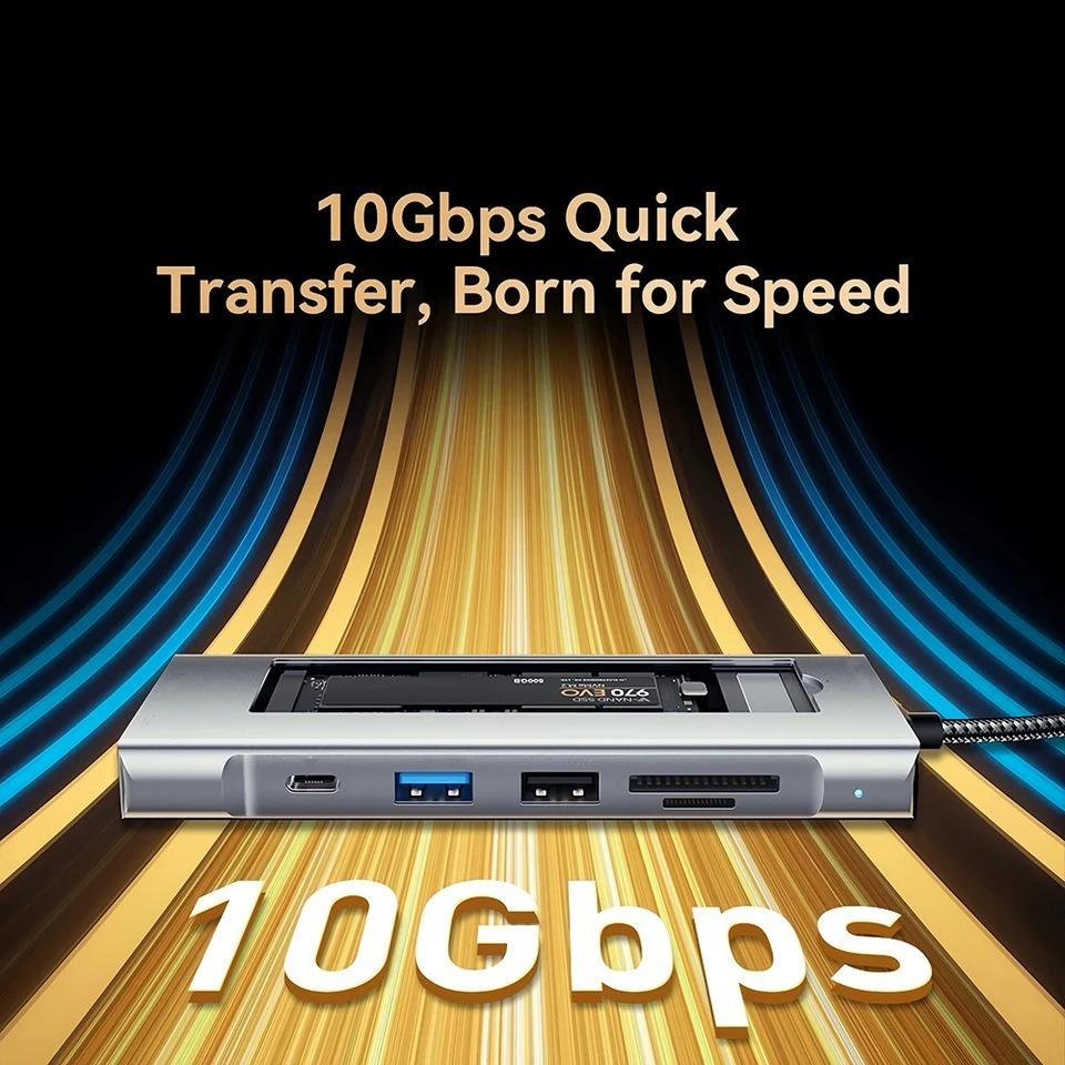 8 In 1 Type C Docking Station with Disk Storage Function USB 3.2 Hub 10Gbps M.2 NVMe SATA SSD Case Multi Adapter Card Reader USB C To HDMI Adapter